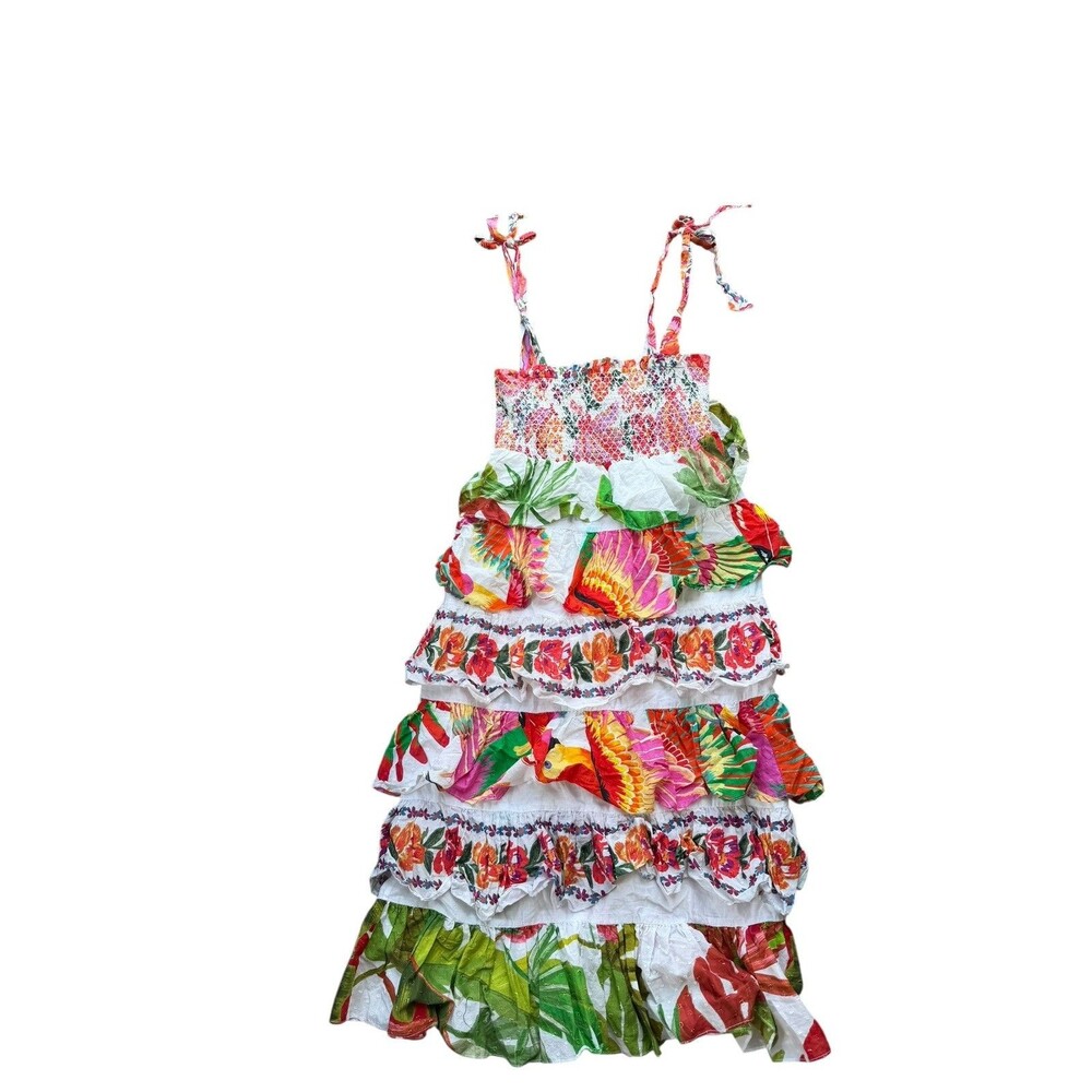 Farm Rio Mixed White Prints Layered Dress M Tropical Floral Tiered Linen Smocked